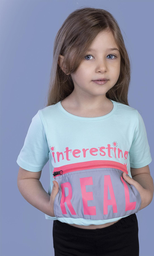 Toontoy Kız Çocuk Crop Model Cebi Reflektör Detaylı Baskılı Tişört