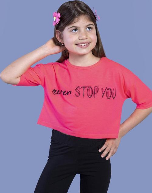 Toontoy Kız Çocuk Baskılı Düşük Kol Crop Tişört