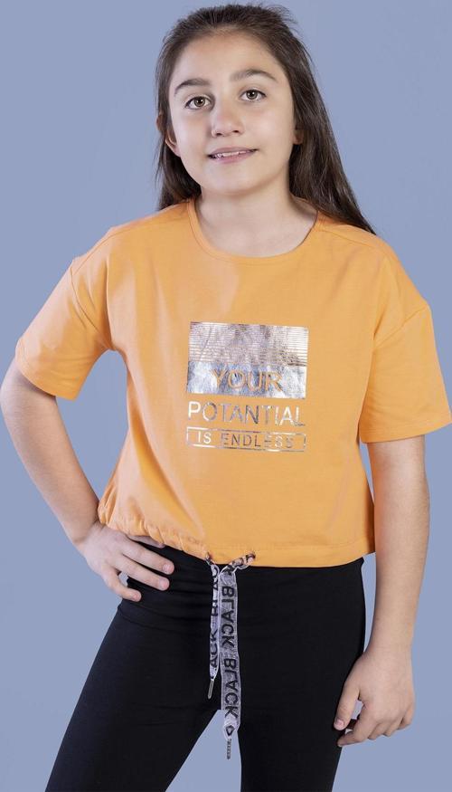 Toontoy Kız Çocuk Crop Model Kordon Detaylı Varak Baskılı Tişört