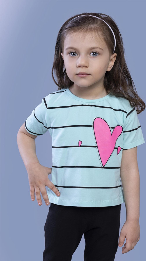 Toontoy Kız Çocuk Çizgli Kalp Baskılı Taş İşlemeli Tişört