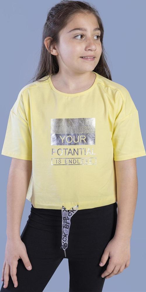 Toontoy Kız Çocuk Crop Model Kordon Detaylı Varak Baskılı Tişört