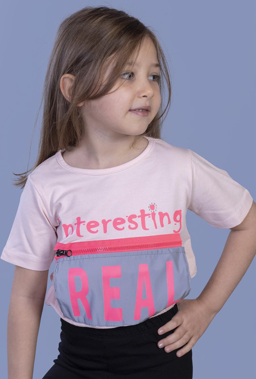 Toontoy Kız Çocuk Crop Model Cebi Reflektör Detaylı Baskılı Tişört