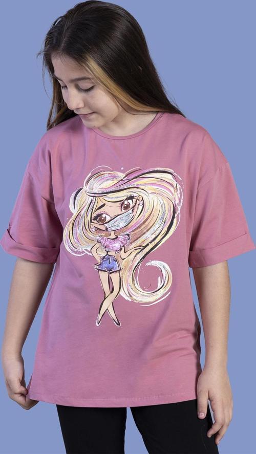 Toontoy Kız Çocuk Baskılı Düşük Kol Tişört