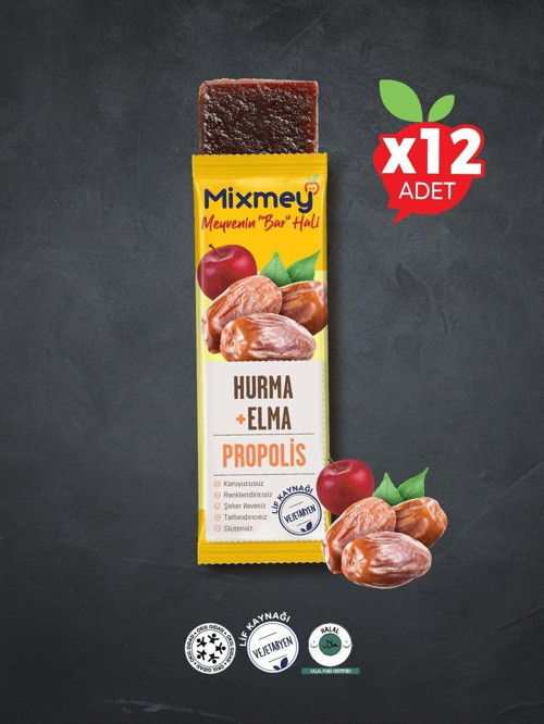 Bee Propolisli Hurma Meyve Bar 12 Adet | Glutensiz Vejetaryen Bar - 25gr X 12 Adet