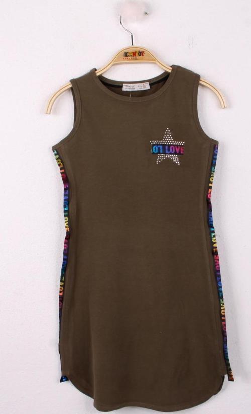 Toontoy Kız Çocuk Göğsü Yıldız Baskılı Sıfır Kol Elbise