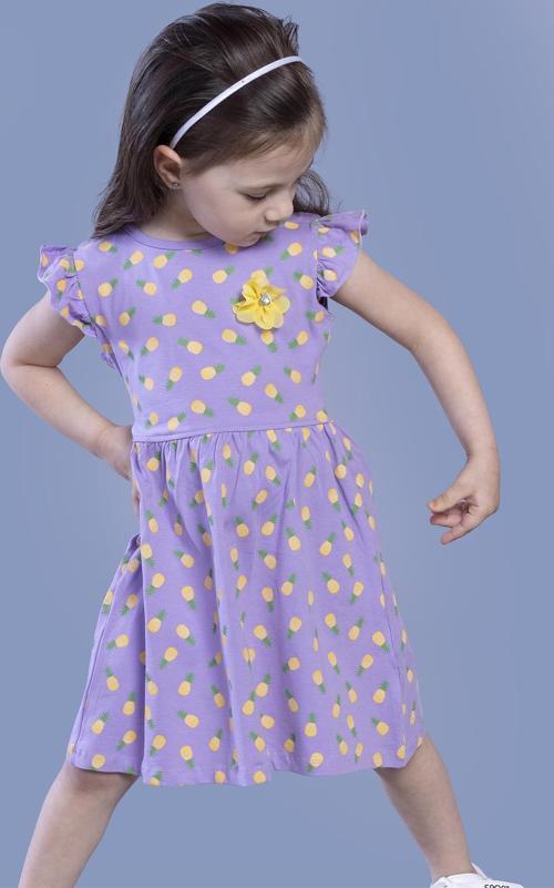 Toontoy Kız Çocuk Komple Ananas Baskılı Çiçek Aksesuarlı Elbise