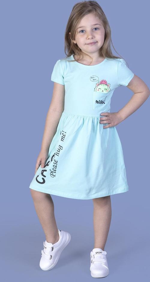 Toontoy Kız Çocuk Cebi Meow Nakışlı Taş İşlemeli Baskılı Elbise