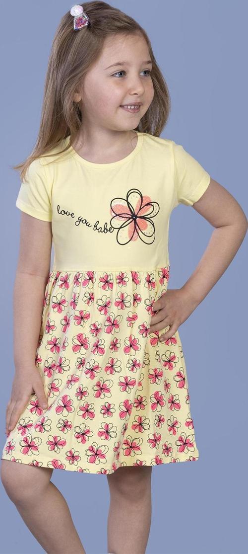 Toontoy Kız Çocuk Çiçek Desenli Yazı Nakışlı Pullu Taş İşlemeli Elbise