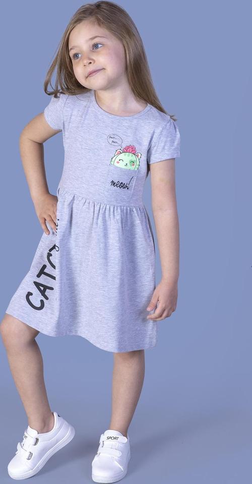 Toontoy Kız Çocuk Cebi Meow Nakışlı Taş İşlemeli Baskılı Elbise
