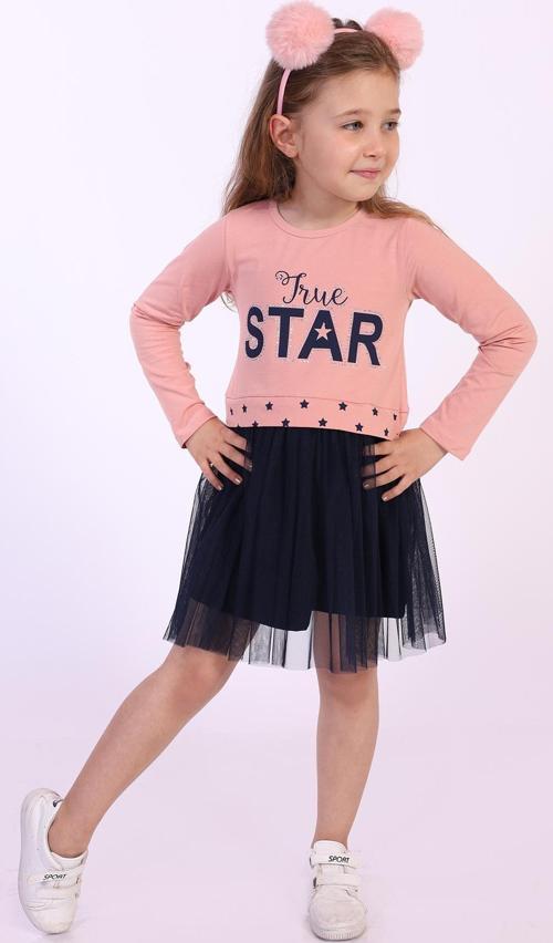 Toontoy Kız Çocuk Star Baskılı Tüllü Elbise
