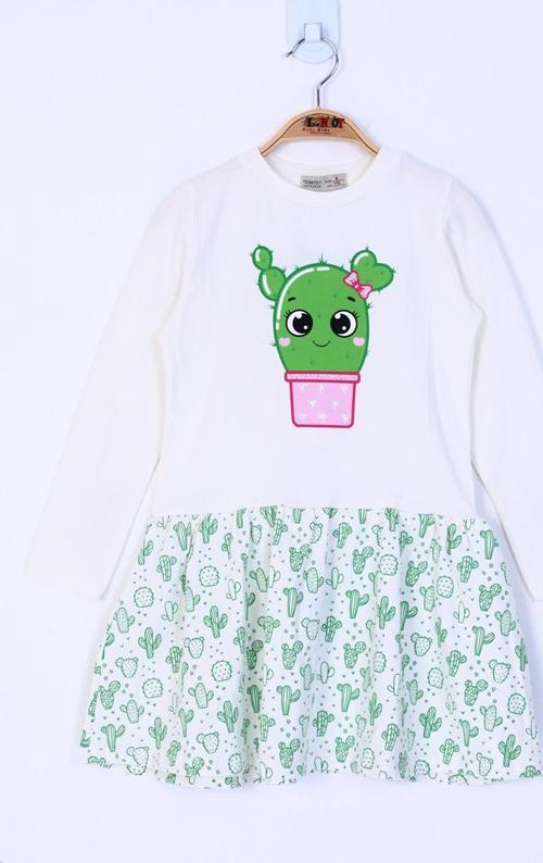 Toontoy Kız Çocuk Bisiklet Yaka Etek Volanlı Kaktüs Baskılı Elbise