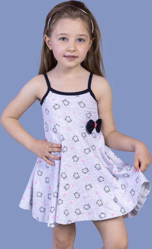 Toontoy Kız Çocuk Kedi Desenli Fiyonk Detaylı Volanlı Elbise