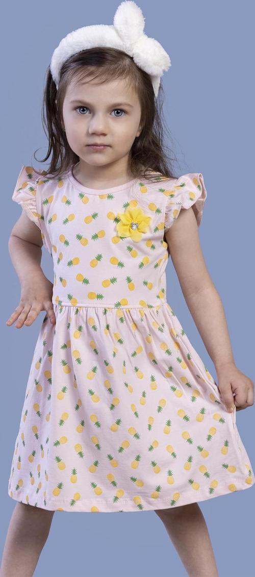Toontoy Kız Çocuk Komple Ananas Baskılı Çiçek Aksesuarlı Elbise