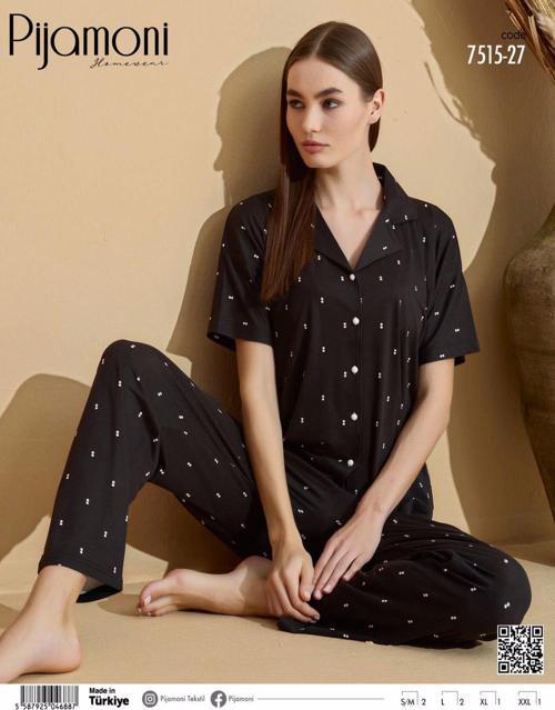 Kadın Kısa Kol Boydan Düğmeli Pijama Takımı - 7515-27 Siyah-L