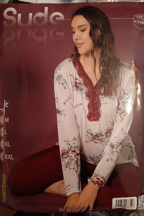 Kadın Bambu Uzun Kol İnce Pijama Takımı P-131 - 1 Adet Bordo-M