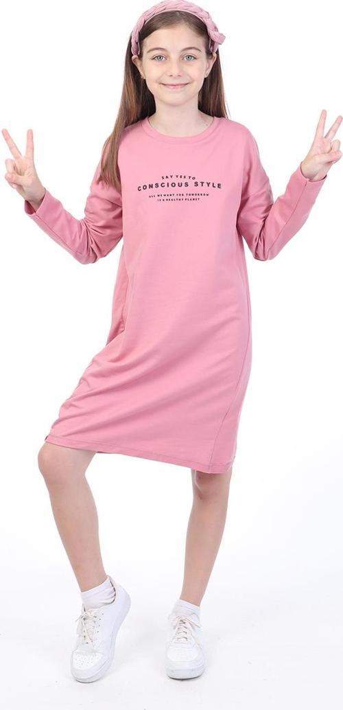 Toontoy Kız Çocuk Bisiklet Yaka Düşük Kol Yazı Baskılı Elbise