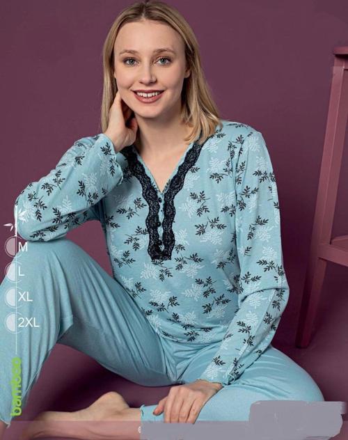 Kadın Bambu Mavi Uzun Kol V Yaka İnce Pijama Takımı P-7042 - 1 Adet Mavi-M