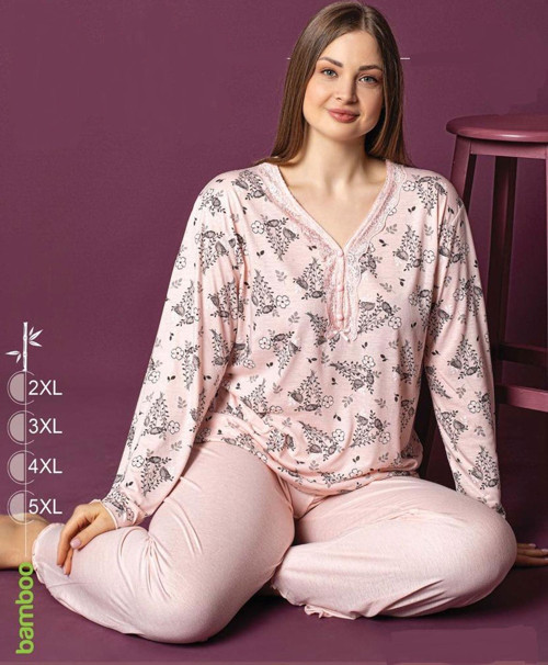 Kadın Bambu Pudra Büyük Beden Uzun Kol Pijama Takımı P3147 - 1 Adet Pudra-2XL