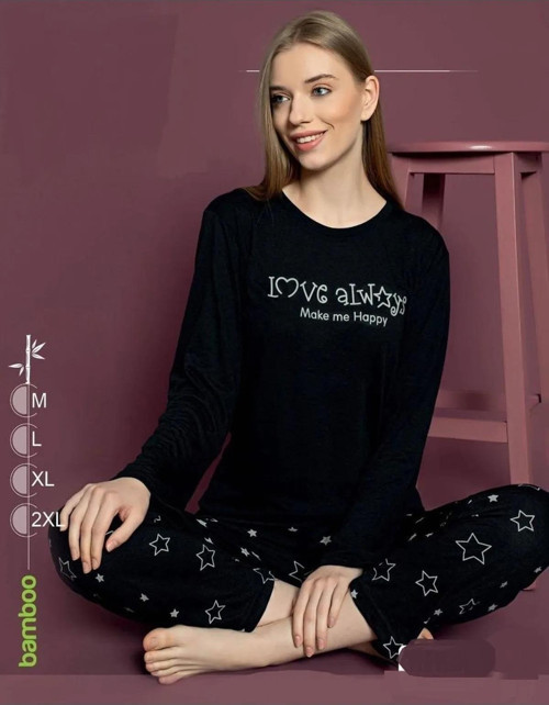 Kadın Bambu Siyah Uzun Kol İnce Pijama Takımı S-3301 - 1 Adet KB19124 Siyah-M