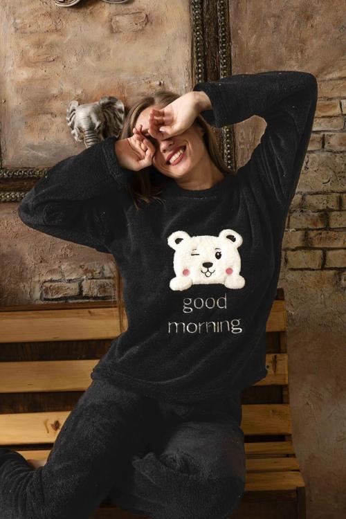 Charme Kadın Kışlık Peluş Pijama Takımı K-200-472 - 1 Adet Siyah-M