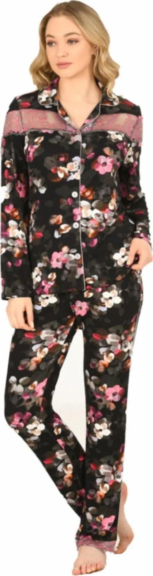 Kadın Viskon Önü Düğmeli Desenli Kışlık Pijama Takımı 3903 - 1 Adet Siyah-L