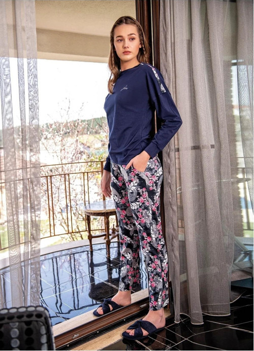 Kadın Bisiklet Yaka Kışlık Pijama Takımı 10092 - 1 Adet Lacivert-XL