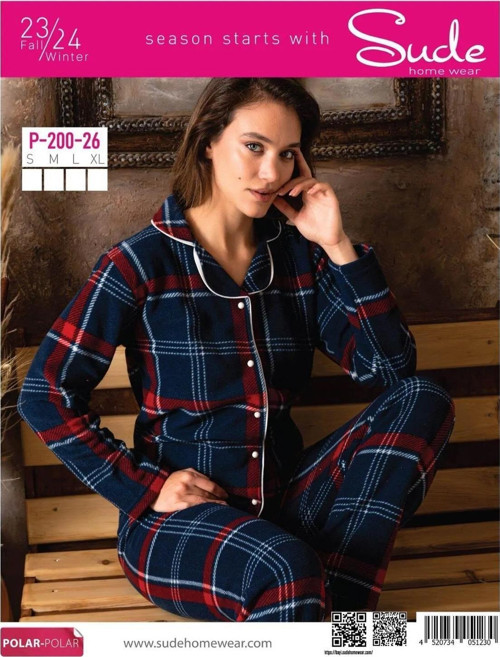 Kadın Gömlek Önden Düğmeli Polar Desenli Pijama Takımı P200/26 - 1 Adet Lacivert-XL