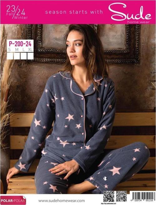 Kadın Gömlek Önden Düğmeli Polar Desenli Pijama Takımı P200/24 - 1 Adet Gri-S