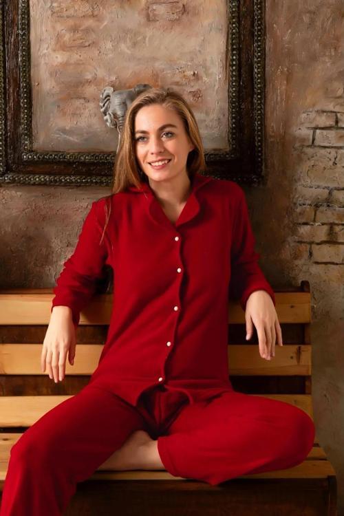 Kadın Gömlek Yaka Polar Pijama Takımı M916/1 - 1 Adet Bordo-S