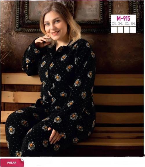 Kadın Büyük Beden Kışlık Polar Gömlek Yaka Pijama Takımı M 915- 1 Adet Siyah-3XL