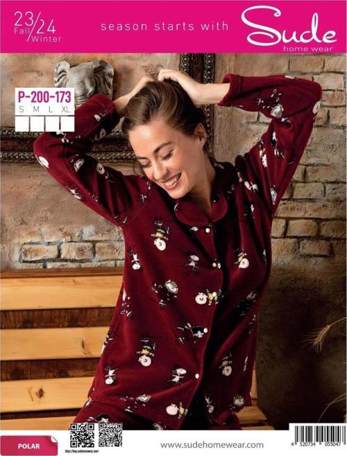 Kadın Gömlek Önden Düğmeli Polar Desenli Pijama Takımı P200/173 - 1 Adet Bordo-XL