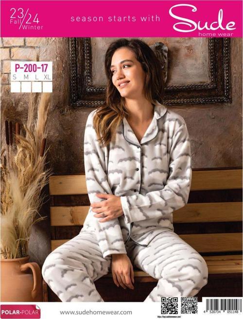 Kadın Gömlek Önden Düğmeli Polar Desenli Pijama Takımı P200/17 - 1 Adet Beyaz-L