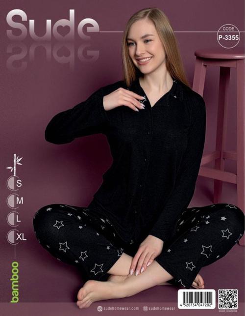 Kadın Bambu Siyah Uzun Kol İnce Pijama Takımı S-3355 - 1 Adet Siyah-S