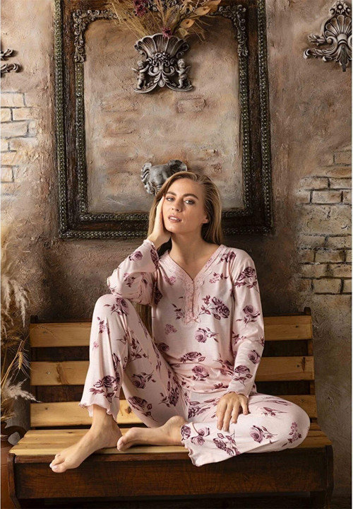 Kadın Bambu V Yaka Uzun Kol İnce Pijama Takımı 4479 - 1 Adet Pembe-XL