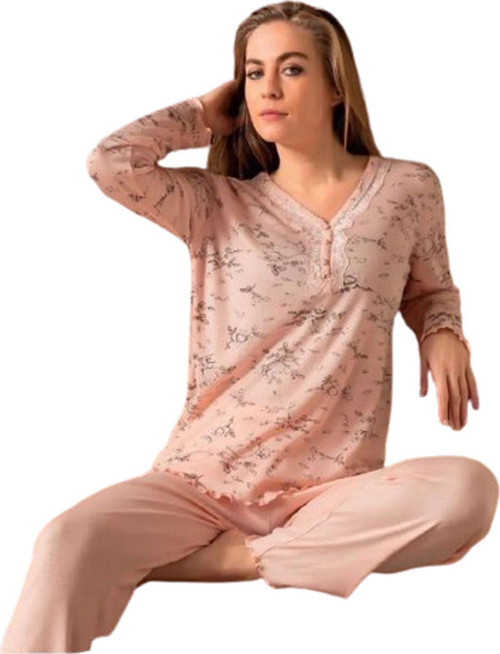 Kadın Bambu İnterlok Uzun Kol V Yaka İnce Pijama Takımı 5009 - 1 Adet Pembe-2XL