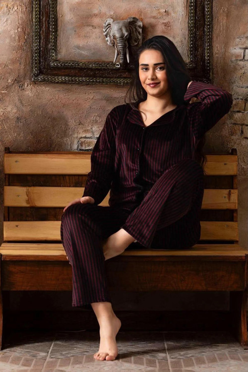 Kadın Kışlık Gömlek Yaka Kadife Çizgili Pijama Takımı P200/838 - 1 Adet Bordo-S