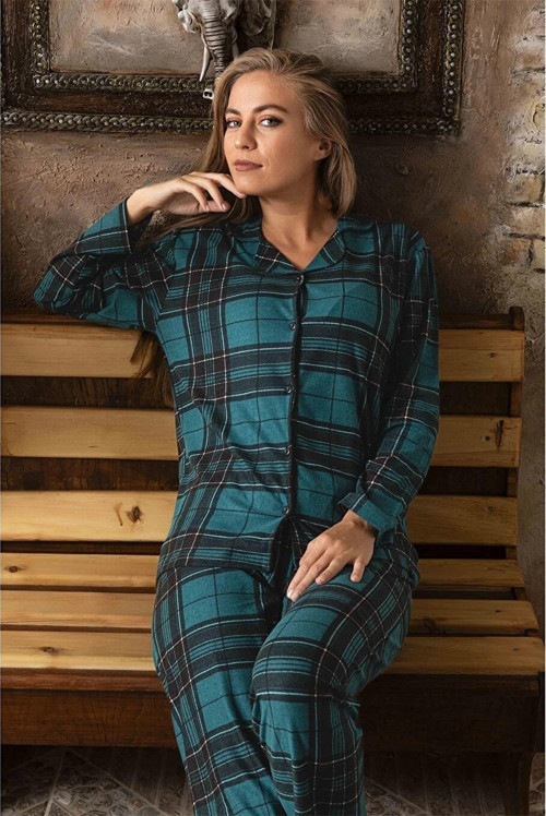 Kadın Önden Düğmeli Süet Pijama Takımı P200/390 - 1 Adet Yeşil-M