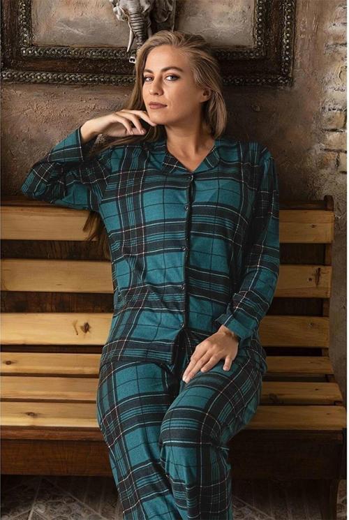 Kadın  Önden Düğmeli Süet Pijama Takımı P200/390 - 1 Adet Yeşil-L