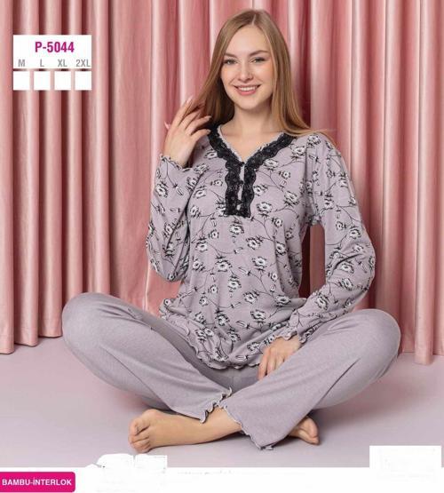 Kadın Bambu İnterlok Uzun Kol Yakası Nakışlı V Yaka Pijama Takımı P5044 - 1 Adet Gri-M