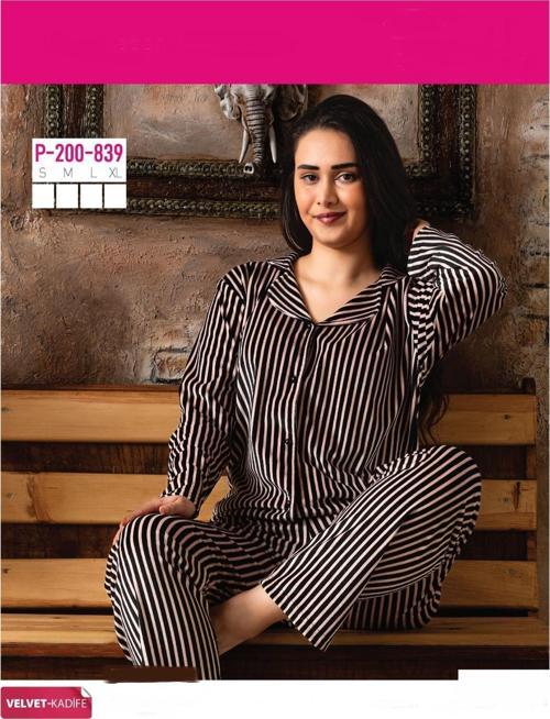Kadın Kışlık Gömlek Yaka Kadife Çizgili Pijama Takımı P200/839 - 1 Adet Somon-S