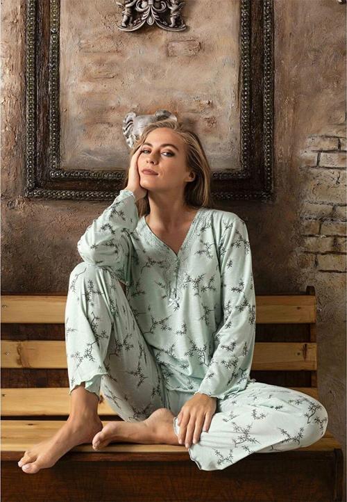 Kadın Bambu Yakası Nakışlı V Yaka Uzun Kol İnce Pijama Takımı 4475/1 - 1 Adet Yeşil-M