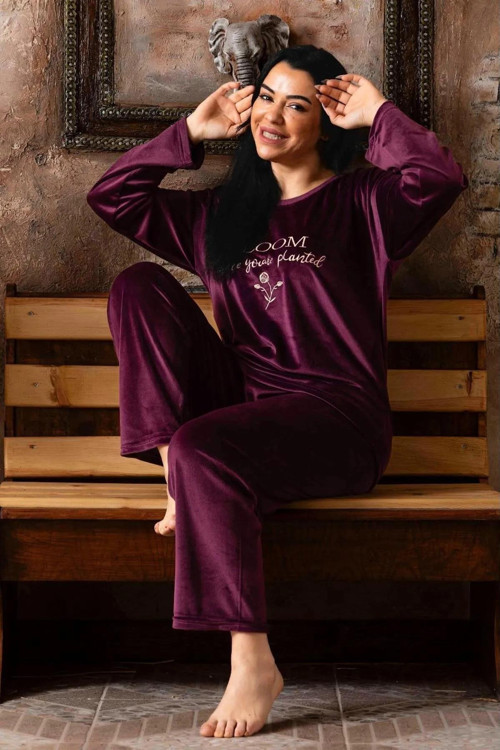 Kadın Kışlık Büyük Beden Bisiklet Yaka Kadife Pijama Takımı K200/844 - 1 Adet Mor-4XL