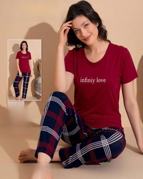 Kadın Milan Bisiklet Yaka İnce Kısa Kol Pijama Takımı 11007 - 1 Adet Bordo-2XL