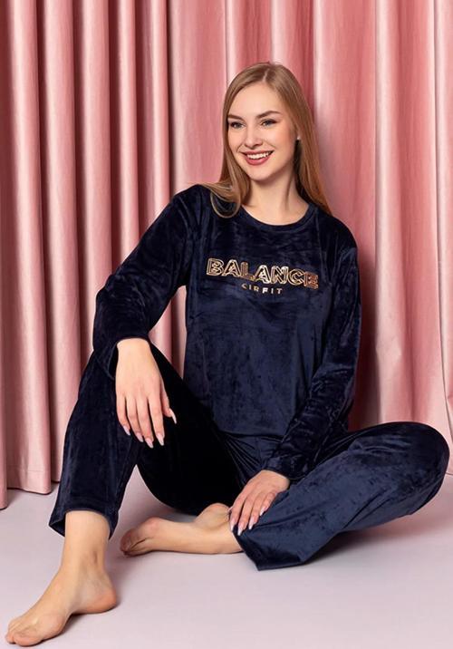 Kadın Kışlık Kadife Pijama Takımı K200/804 - 1 Adet Koyu Lacivert-XL
