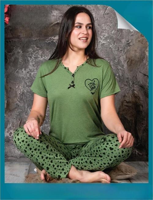 Kadın Bambu V Yaka Kısa Kol İnce Pijama Takımı P300/93 - 1 Adet Haki-M