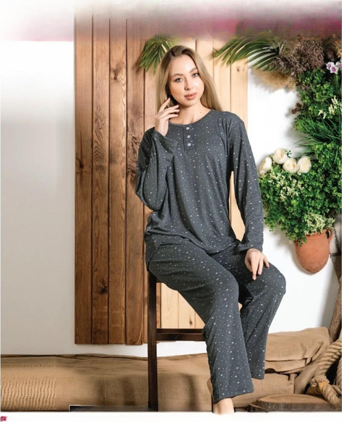 Kadın Bambu İnterlok Düğme Yaka Uzun Kol Pijama Takımı A/962-15 - 1 Adet Füme-L