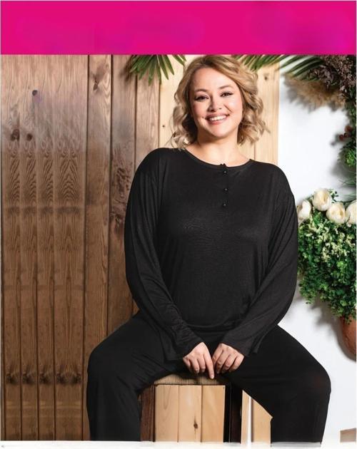 Kadın Bambu Büyük Beden Düğme Yaka İnce Uzun Kol Pijama Takımı M/959- 1 Adet Siyah-4XL