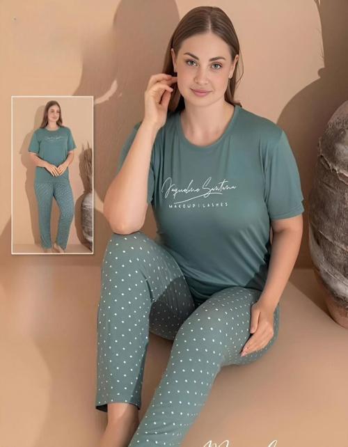 Kadın Milan Büyük Beden Bisiklet Yaka Kısa Kol İnce Pijama Takımı 11061 - 1 Adet Yeşil-2XL