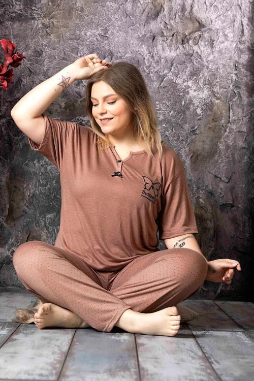 Kadın Bambu Büyük Beden Düğme Yaka İnce Kısa Kol Pijama Takımı P300/146 - 1 Adet Kahverengi-4XL