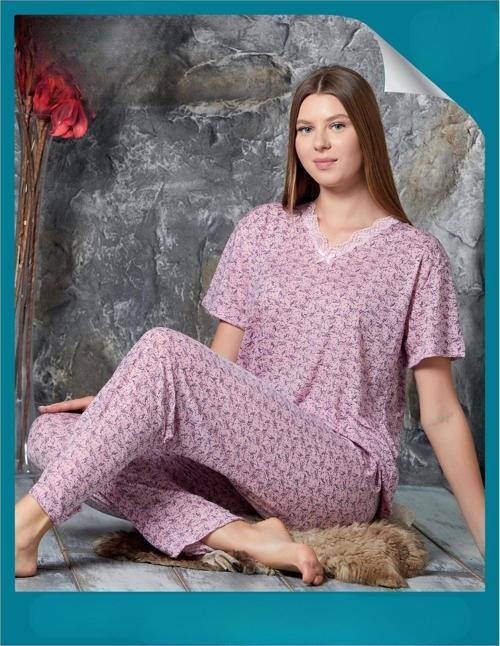 Kadın Bambu Yakası Nakışlı V Yaka Kısa Kol Pijama Takımı P300/523 - 1 Adet Pembe-XL